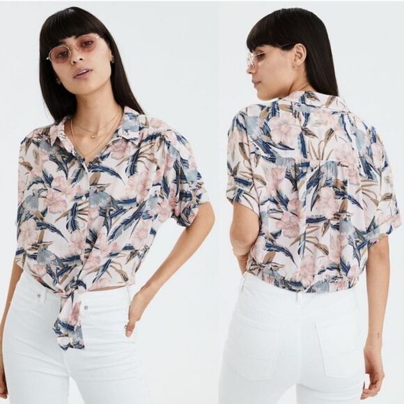 American Eagle Tie Front Tropical Button Down Blouse Cropped Women's Small - Picture 14 of 14